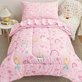 Viviland Castle Princess Toddler Comforter Sets, Cute Girls Toddler Bedding Set, Soft Microfiber Pink Toddler Bed Set