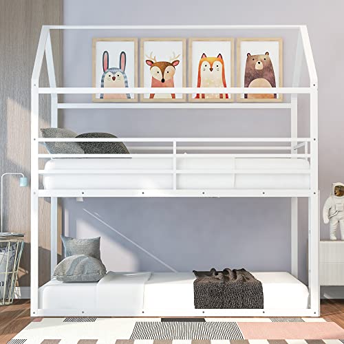 Tensun Twin Over Twin Bunk Beds, Floor Metal Frame House Bunk Bed, Low Twin Bunk Beds With Built-In Ladder For Bedrooms,Dorms,Kids,Teens, No Box Spring Needed,White #TOP2