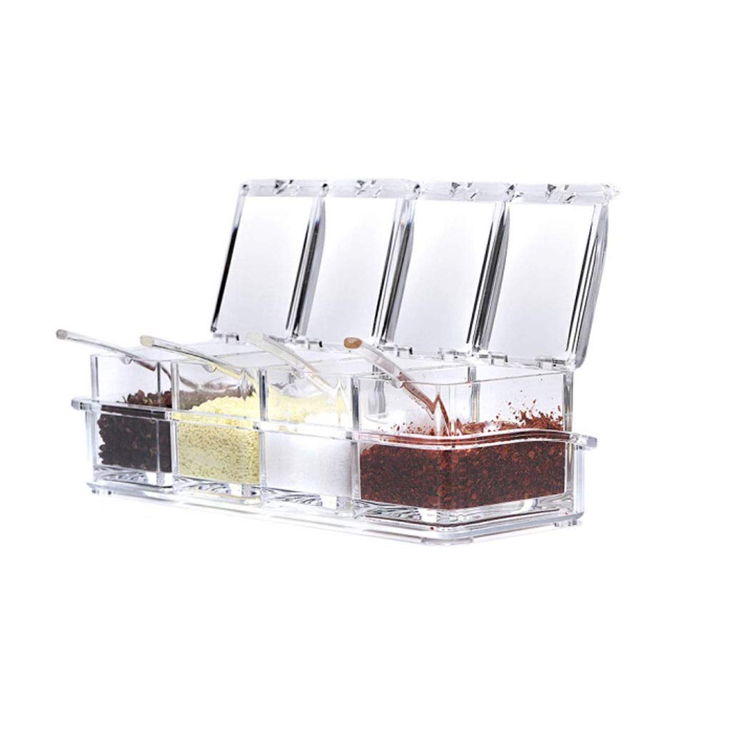 HRWLY Clear Seasoning Rack Spice Pots - 4 Piece Box Storage Container Condiment Jars Cruet with Cover and Spoon
