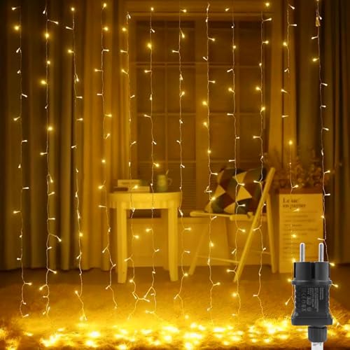 MUSUNIA Lichterkette Vorhang 3×2m 200 LED Lichtervorhang 8 Modi LED Vorhang für Innen & Außen für Outdoor Zimmer Party Balkon deko Weihnachtsdeko(Warmweiß)