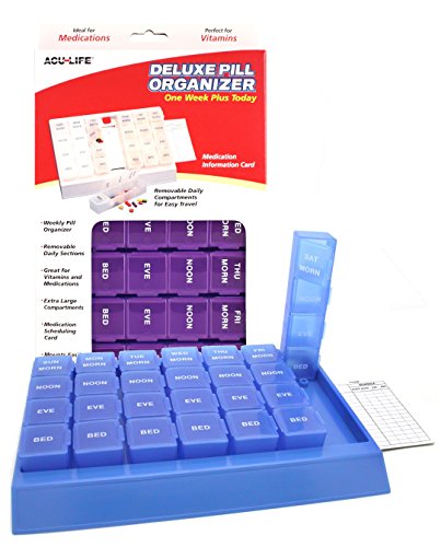 Acu-Life Weekly (7-Day) Pill Case, Medicine Planner, Vitamin Organizer, Pop-Out Compartments, 4 Times a Day, Easy to Use, Color May Vary, BPA Free