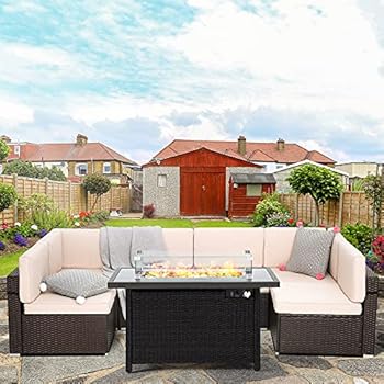 Alternative view of Pamapic 8 Pieces Patio Conversation Sets with fire Pit, Patio Furniture Sectional Sofa with Gas Fire Pit Table (Brown Wicker,Beige Cushions)