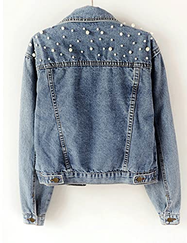 Tanming Women's Casual Embroidered Pearls Beading Denim Jacket Jean Coat（Blue-M） #TOP1