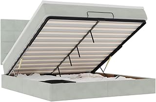Luxus Ottoman Samt Boxspringbett 180x200 cm Hellgrau mit Federkernmatratze hydraulischem Stauraum und RGB LED Beleuchtung Modernes Design für Schlafzimmer Wohnung