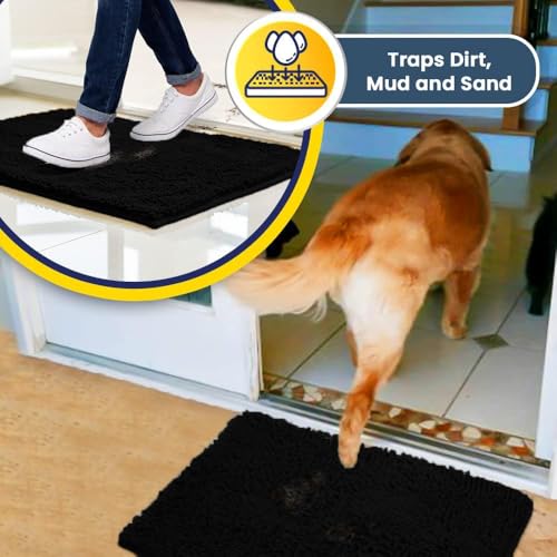 Muddy Mat® AS-SEEN-ON-TV Highly Absorbent Microfiber Door Mat and Pet Rug, Non Slip Thick Washable Area and Bath Mat Soft Chenille for Kitchen Bathroom Bedroom Indoor and Outdoor-Black Runner 24"X60"