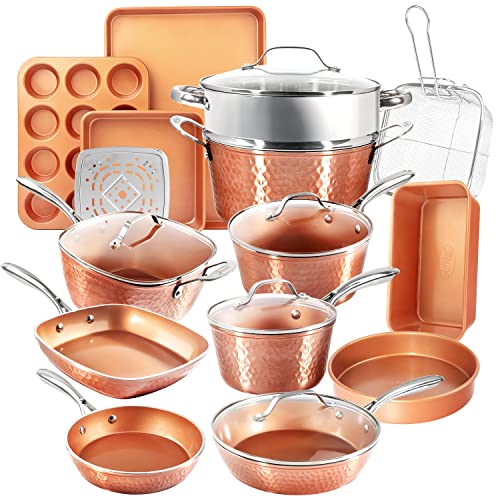 Comparison: Best Copper Pan Sets On Sale 8 Gotham Steel Hammered 20 Pc Ceramic Cookware Set Nonstick, True Ceramic Pots and Pans Set Non Stick with Deep Square Pan Set & Bakeware Set, Non Toxic PFOA PFOS Free, Oven & Dishwasher Safe