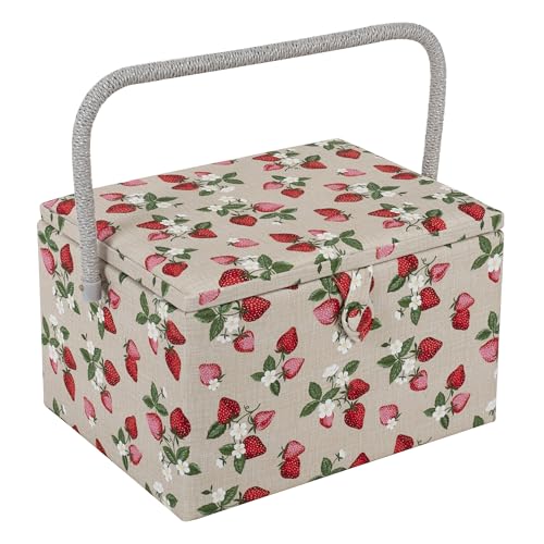 Hobby Gift Large Sewing Box Organiser with Handle - Cotton Basket Sewing Storage Box Craft Storage Boxes with Compartments for Tools & Accessories - 23.5 x 31 x 20cm Strawberries