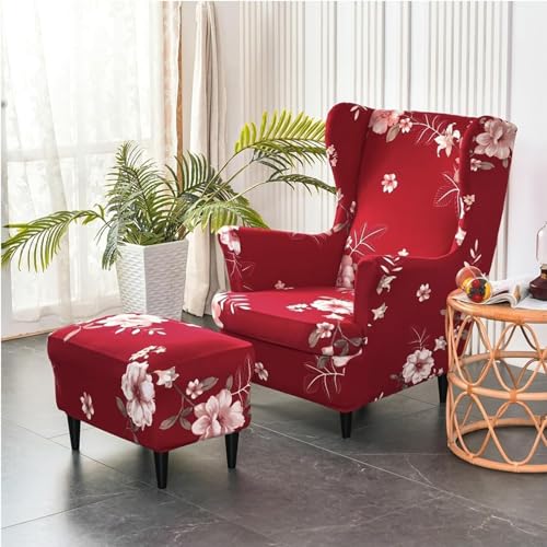 Pack Fundas sillón orejero Estampado Dos Piezas con Funda reposapiés almacenaje Rectangular, Motivo Pata de Gallo,Rojo