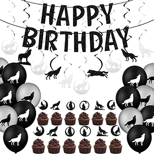 65 Pieces Wolf Birthday Party Decoration Include 2 Wolf Happy Birthday Banner Garland, 15 Wolf Hanging Swirl, 24 Black Wolf Silhouette Glitter Cupcake Topper, 24 Wolf Latex Balloon for Wolf Birthday