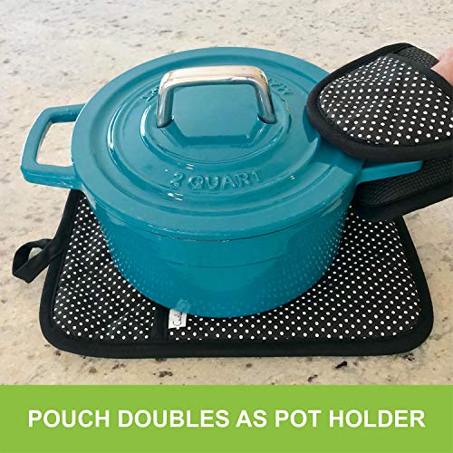 Cuchina Safe Heat Resistant Oven Mini Mitts with Pot Holder Pouch - 3 Piece Set (Black)