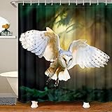 Wasserdichter Duschvorhang mit Eulen-Motiv, Boho-Eule, Stoff, Badezimmer-Duschvorhang für Kinder, Jungen, Mädchen, Boho-Stil, exotischer Stil, Duschvorhang mit Haken, weiß, schick, Eule, Tiervorhang,