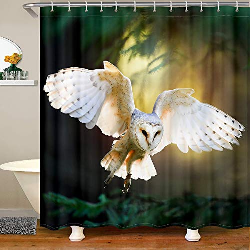 Wasserdichter Duschvorhang mit Eulen-Motiv, Boho-Eule, Stoff, Badezimmer-Duschvorhang für Kinder, Jungen, Mädchen, Boho-Stil, exotischer Stil, Duschvorhang mit Haken, weiß, schick, Eule, Tiervorhang,