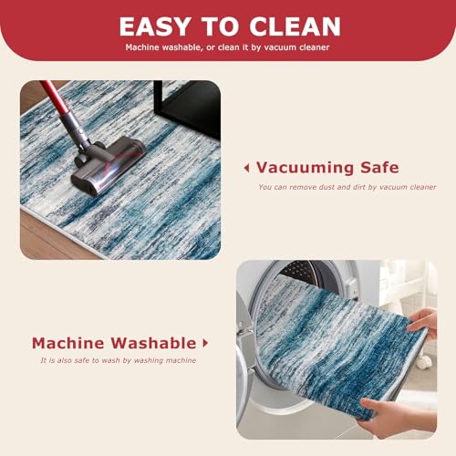 KOZYFLY Modern Abstract Kitchen Runner Rug, 2x10 Washable Rug Runner Non-Slip Soft Striped Hallway Runner Rugs, Light Blue Print Distressed Carpet Runner for Entryway Bathroom Laundry Room Foyer