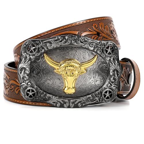 Women Men Western Belts Engraved Leather Cowgirl Cowboy Belt with Silver Longhorn Bull Buckle for Jeans Dresses