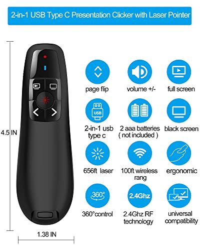 Wireless Presenter Remote Presentation Clicker: USB Type C PowerPoint Clicker with Red Pointer Long Range PPT Control - Universal Power Point Slide Advancer for Mac MacBook Laptop PC Computer Keynote