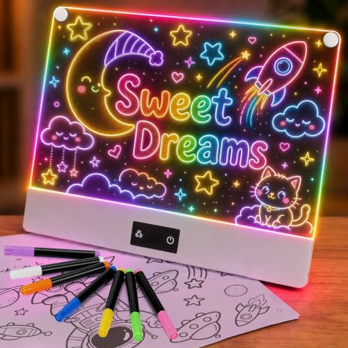 LED Drawing Board for Kid - Rechargeable 14" Doodle Glow Neon Art Note Boards, Holiday Birthday Gifts Toy for Kids Girls Boys Teens, Light Up Acrylic Dry Erase Message Note Writing Pad with 7 Markers - image 1