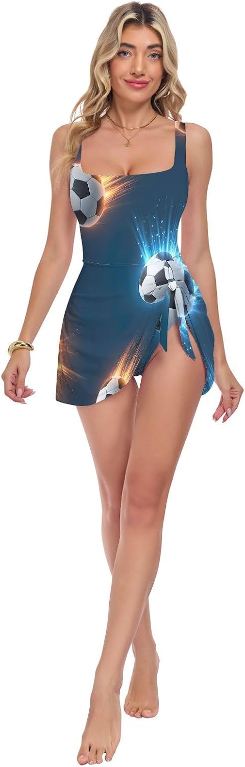 Blue Animal Summer Long Swimsuit for Women | Womens One Piece Swimsuit Side-Tie Wrap Skirt Modest, Real bust support, Wide straps, no dig, no slip