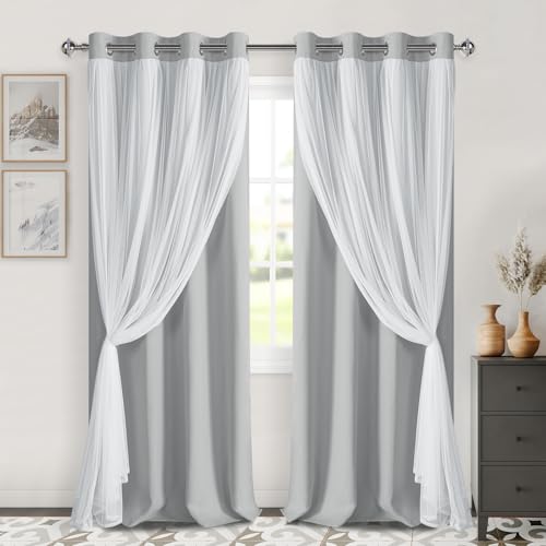 Image of DWCN Blackout Curtains with Sheer Overlay 96 Inch Long, Cloud Grey, 2 PCS | Floor to Ceiling Mix & Match Double Layer Opaque Window Panels for Bedroom Living Room Drape, Grommet Top, 52 inch Wx96 inch L