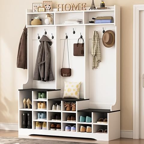 77" Hall Tree with Shoe Storage, Farmhouse Entryway Bench with Coat Rack, 16 Shoe Cubbies & 10 Coat Hooks, 15.8"D x 59"W x 77"H, Freestanding Entrance Storage Cabinet for Entryway Hallway, White Cover