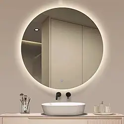 Espelho Redondo Moderno 80x80cm com LED Touch 3 Tonalidades – Lapidado Decorativo para Sala, Banheiro, Quarto e Penteadeira