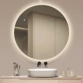 Espelho Redondo Moderno 80x80cm com LED Touch 3 Tonalidades – Lapidado Decorativo para Sala, Banheiro, Quarto e Penteadeira
