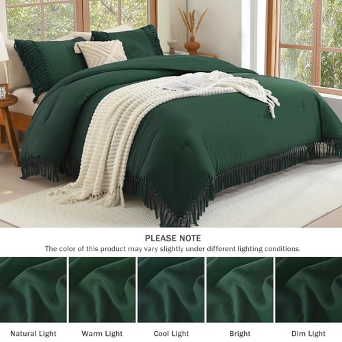 Image of Andency Emerald Dark Green Comforter Set King, 3 Pieces Boho Tassel Lightweight Vintage Soft Bedding Comforter for King Bed, All Season Fluffy Fringe Bed Set (104x90In Comforter & 2 Pillowcases)