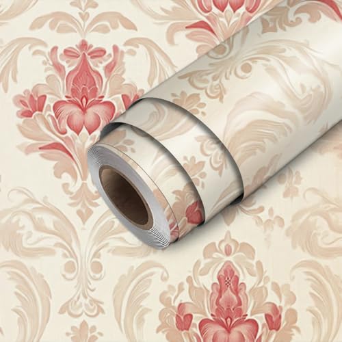 HOMETITUTE Beige Red Damask Peel and Stick Wallpaper 118.1 x 17.7 Inch