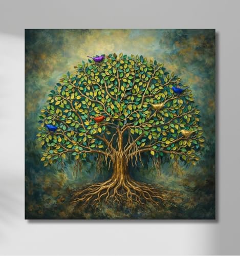 Image of Kunj Cart Kalpavriksha Tree Painting | 8+ DESIGNS | Kalpvriksh Tree Wall Painting | Lucky Tree Wall Art For Living Room, Bedroom and Office Decor | Canvas Painting for Wall Decoration (Design - F, 12x12 Inch, Framed)