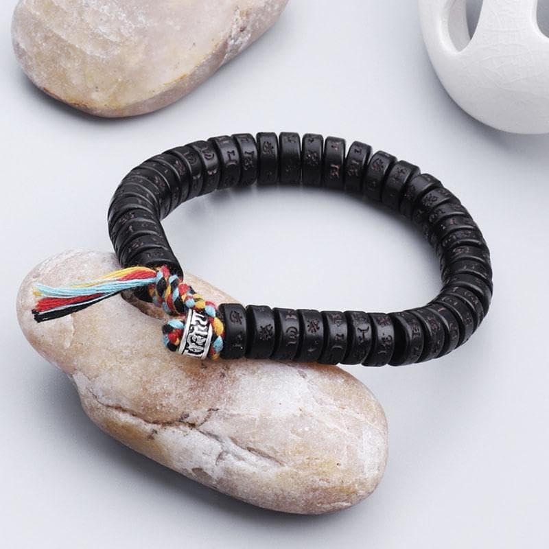 Buddha & Karma Coconut Shell Beads Om Mani Padme Hum Bracelet – Handmade Buddhist Bracelet for Protection, Spiritual Energy, and Inner Peace – Adjustable Meditation Wristband for Men & Women