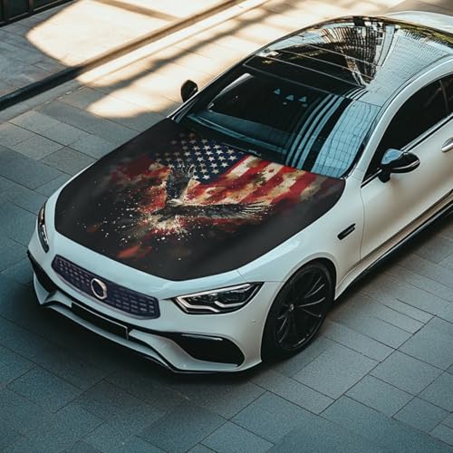 Image of Car Hood Cover, American Flag Eagle Blurred Design, Stretchable Car Hood Protector, Auto Patriotic Decorations, Waterproof Sun-Proof Automotive Exterior Accessories