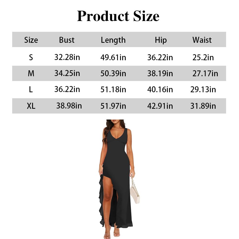Vestido Mujer Maxi sin Manga con Cuello V Rajado Verano Elegante Volante Dobladillo Maxivestido para Cóctel Fiesta Noche(Negro/S)