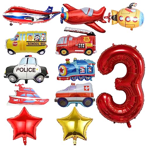 12pcs Transportation Balloons, Truck Plane School Bus Fire Truck Police Car Ship Ambulance Submarine Foil Balloon, Transportation 3rd Birthday Vehicles Theme Party Supplies Decorations (3rd) by Lebeili - Used condition - US$8.90