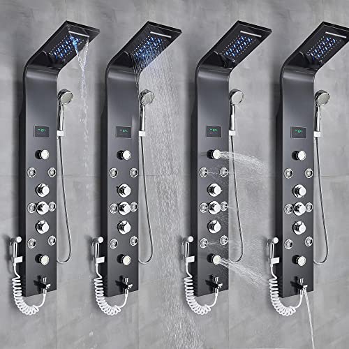 Sistema de Torre de Ducha LED con Panel, Lluvia, Cascada y Jets de Masaje - Negro miniatura 6