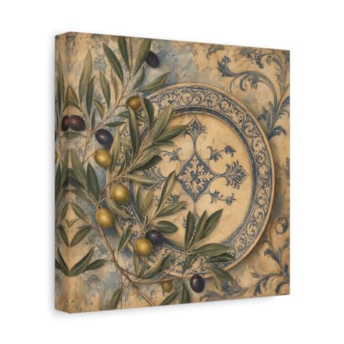 Décoration murale cuisine branches d'olivier vintage bleue tableau carré 25x25 cm