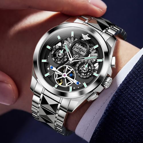 Image of OUPINKE Men Watch Automatic 5 Hands Multi Calendar Year /Month /Week /Date Mechanical 5ATM Waterproof Luxury Tungsten Steel Sapphire Crystal Wrist Watch for Men