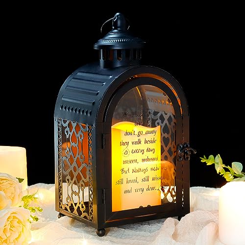 TRIROCKS Memorial Lantern Holder 28cm High Walk Beside Us Remembrance with LED Candle and Love Pattern Bereavement Sympathy Gifts for Funeral Service Loss of Loved One (Black)