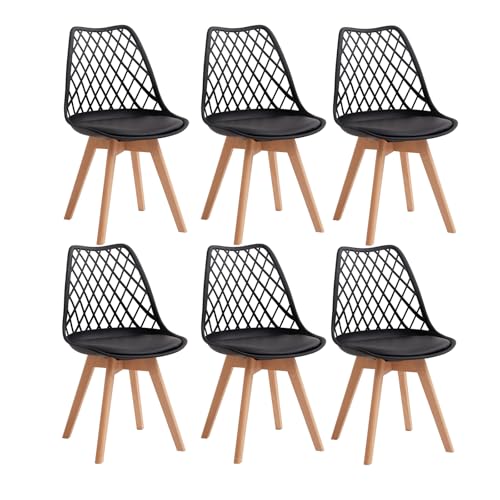 JZGORC Lot de 6 Chaises de Salle à Manger, Chaise de Cuisine avec Dossier en Maille Ajourée et Pieds en Bois de Hêtre, Chaise de Salon avec Coussin en Cuir...