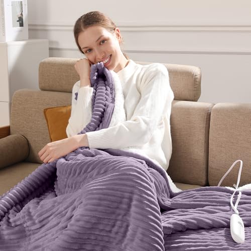 Heated Electric Throw Blanket Heated Throws 50x60 450gsm Ribbed Flannel Sherpa Ultra-Soft with 5 Heating Levels and 4 Hour Auto Off ETL & FCC Certified Electric Blanket Grandma Gifts Purple