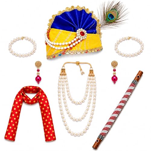 Image of Sarvda Krishna & Radha Dress for Kids - Complete Janmashtami Costume Sets with Dhoti /Lehenga, Mukut, Mor Pankh, Bansuri & Accessories | Fancy Dress for Baby Boys & Girls