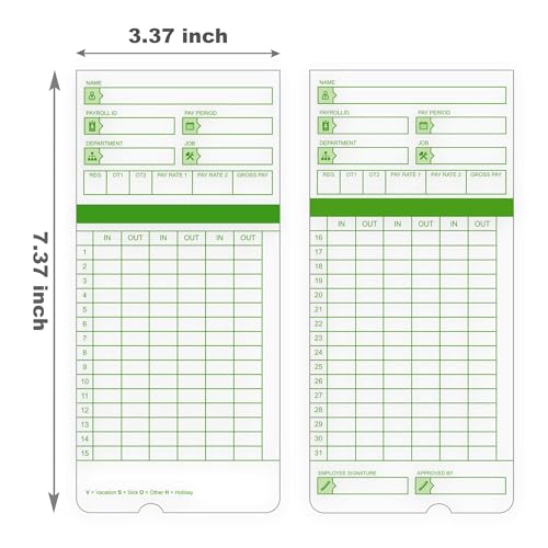 Image of Time Cards for Employees Monthly,Numbered Days,All Pay Periods, 50 Count,2-Sided, 3 3 /8 inch x 7 3 /8 inch,Green Print,Timecards for Time Clocks