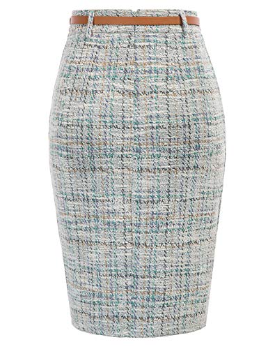 Kate Kasin Women's Tweed Pencil Skirt Knee Length High Waisted Skirts with Slit Elegant Skirts with Belt3