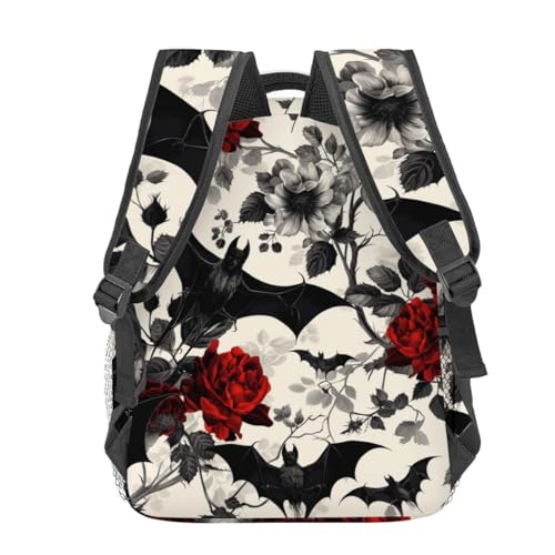 Bat and Rose Pattern Backpack Travel Backpacks Laptop Rucksack,School Bookbag for Women Kids Boys Girls,Gothic Floral Back Pack Accessories Bags,Ideal Gifts for Work, Outdoor Adventures4