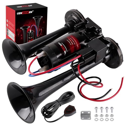 Cenzhiwen Air Horn for Car/Trucks, 150dB Super Loud Train Horn,with All-in-One 12V Air Compressor,Car Horn-Universal Fit for Any 12V SUV/Motorcycle/Trucks/Pickup/Boats (black with button)