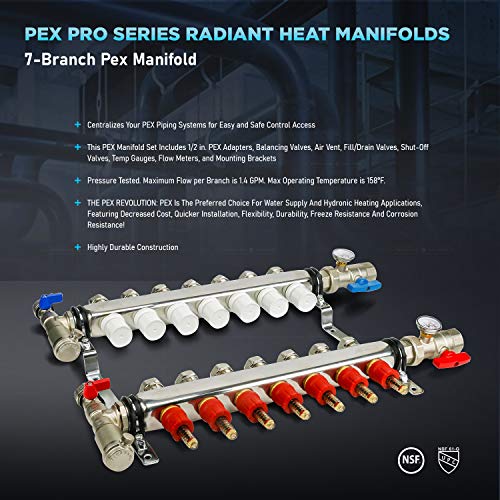 Image of Midline Valve NQT107 PEX Manifold 1 /2 in. for Radiant Heating System; with Valves, Vents, Gauges, and Mounting Brackets; Stainless Steel; 7 Port