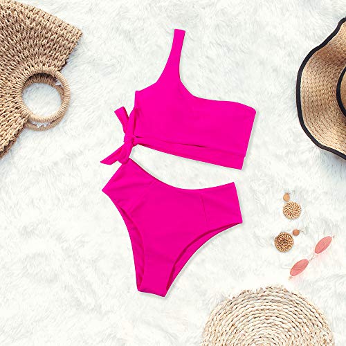 Mooslover Women One Shoulder High Waisted Bikini Tie High Cut Two Piece Swimsuits(M,Rose Red) #TOP2