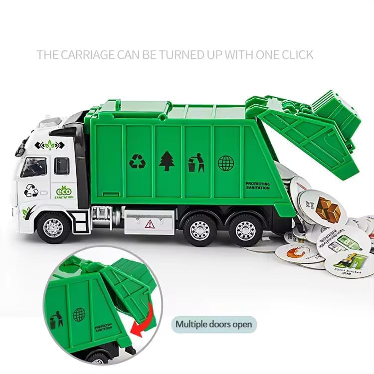 Image of 1:38 Sanitation Garbage Truck Kids Diecast Metal City Sanitation Garbage Truck- Friction Powered, Garbage Truck with Top Open Dumper Garbage Lifter Truck