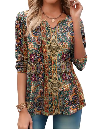 Zeagoo Womens Long Sleeve V Neck Shirts Dressy Casual Tops Vintage Ethnic Blouse Business Work Tunic School Outfits XXL3