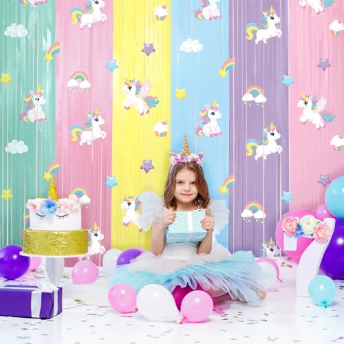 Image of Tiamon 2 Pack Unicorn Party Decorations 3.3 x 6.6 Ft Foil Fringe Curtains Pastel Rainbow Magical Horse Birthday Backdrop Tinsel Streamers Photo Booth for Unicorn Baby Shower Birthday Party Supplies