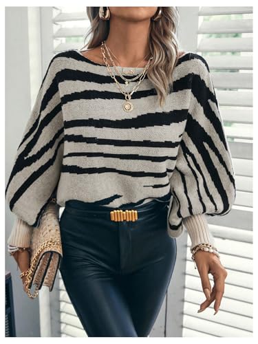 MakeMeChic Women's Stripes Pattern Long Sleeve Boat Neck Loose Fit Casual Pullover Sweater Tops3