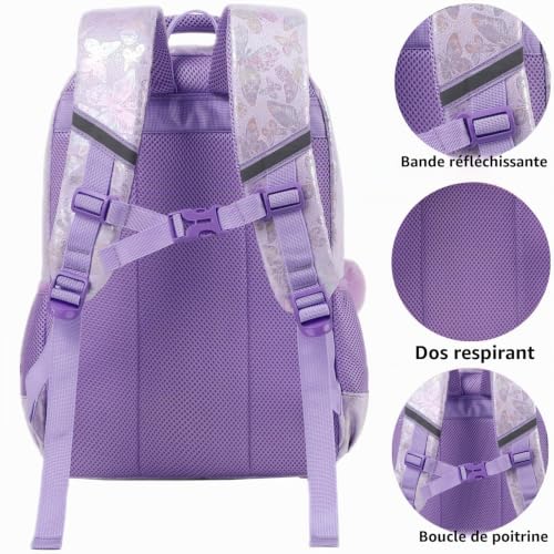 Jumpopack Sac à Dos Papillon Cartable Fille CP Sac Ecole Nylon Résistant Confort Rembourré Idéal Voyage Ecole Pourpre – vue 4